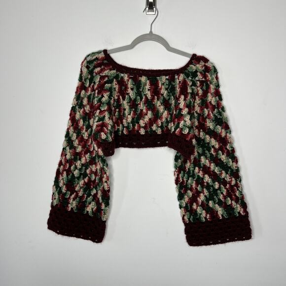 Handmade Crochet Sweater Womens Small Burgundy Green Crop Boho Bell Sleeve - Picture 1 of 6